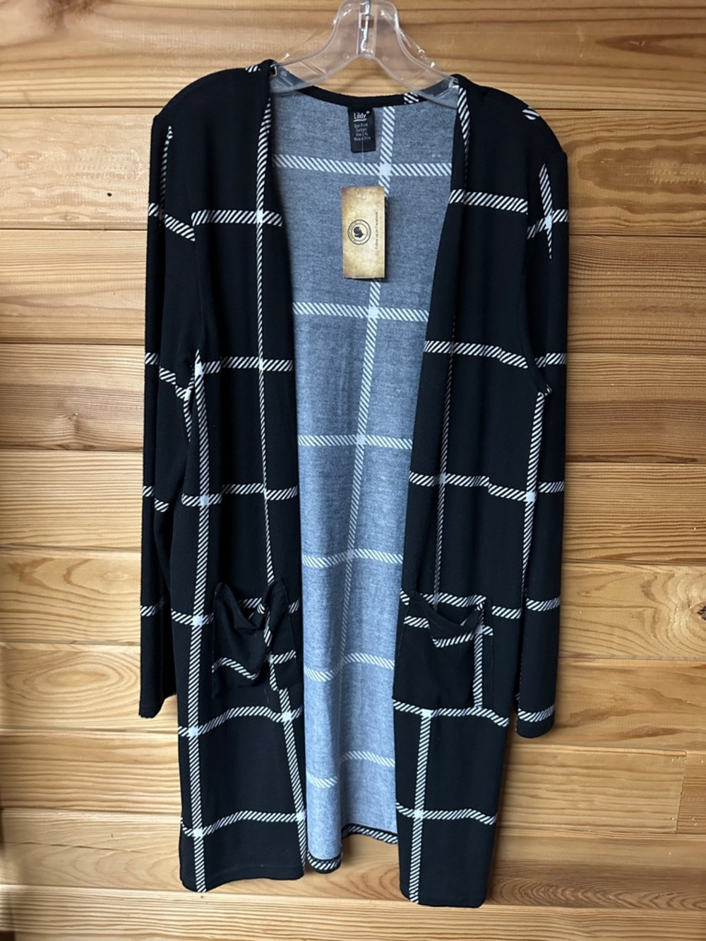 Lildy Women's Black Windowpane Open-Front Cardigan Sweater Size L/XL